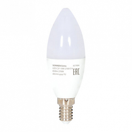 Лампа светодиодная SONNEN EXTRA, 10 (85) Вт, Е14, свеча, теплый белый, 30000 ч, LED C37-10W-2700-Е14, 457904