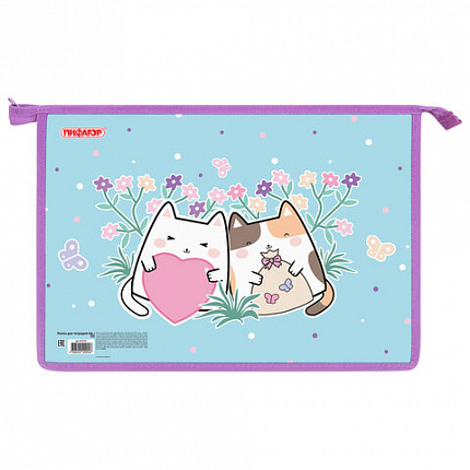 Папка для тетрадей ПИФАГОР А4, 1 отделение, картон/пластик, на молнии, "Cat friends", 272127