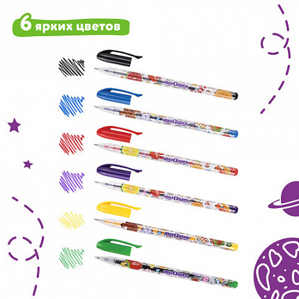 Ручки гелевые ЮНЛАНДИЯ, НАБОР 6 ЦВЕТОВ, корпус с печатью, узел 0,5 мм, линия письма 0,35 мм, 142799