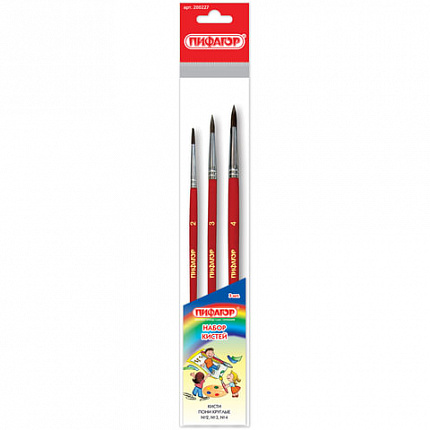 Кисти ПИФАГОР, набор 3 шт. (ПОНИ: круглые № 2, 3, 4), пакет с европодвесом, 200227