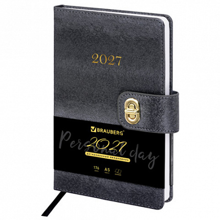 Ежедневник датированный 2027 А5 138х213мм BRAUBERG Elegant, под кожу, застежка, черный, 118016