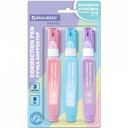 Ручка-корректор 9 мл ВЫГОДНАЯ УПАКОВКА, КОМПЛЕКТ 3 штуки, BRAUBERG Pastel, 274237