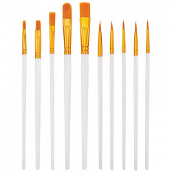 Кисти набор 10 шт., синтетика, белые, № 2/0-8 (Круглые; Овальные; Плоские; Лайнеры), WBZ (ВБЗ), 201087