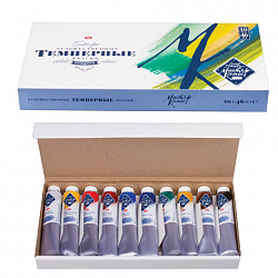 Краски темперные художественные "Мастер-класс", НАБОР 10 цветов по 46 мл, в тубах, без кисти, Невская Палитра, 1641032