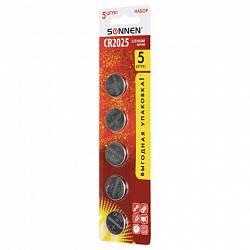 Батарейки литиевые SONNEN Lithium CR2025, "таблетки, дисковые, кнопочные", КОМПЛЕКТ 5 шт., блистер, 457140