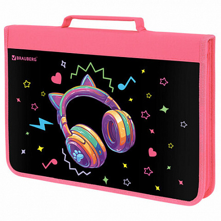 Папка на молнии BRAUBERG А4 с ручкой, с органайзером, 1 отделение, "Headphones", 273384