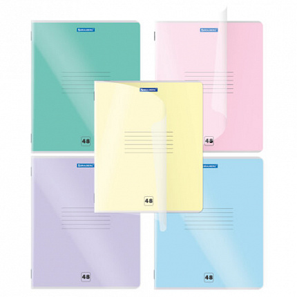 Тетрадь пластиковая обложка (прозрачная) А5 48 листов, скоба, клетка, BRAUBERG "Smart Cover", АССОРТИ (микс в спайке), 405041