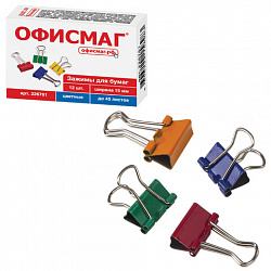 Зажимы для бумаг ОФИСМАГ, КОМПЛЕКТ 12 шт., 15 мм, на 45 листов, цветные, картонная коробка, 226761