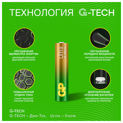 Батарейки КОМПЛЕКТ 4 шт., GP Ultra G-Tech, AAA (LR03, 24А), алкалиновые, мизинчиковые, 24AUA21-2CRSBC4