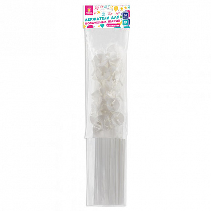 Держатели для воздушных шаров (палочки 40 см + розетки) ЗОЛОТАЯ СКАЗКА, КОМПЛЕКТ 50 штук, белые, 591097