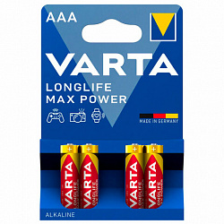Батарейки алкалиновые "мизинчиковые" КОМПЛЕКТ 4 шт., VARTA LONGLIFE MAX POWER, ААА (LR03,15А), блистер, 4703101404