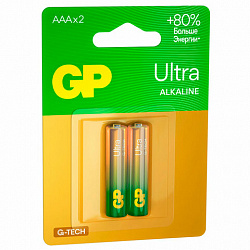 Батарейки КОМПЛЕКТ 2 шт., GP Ultra G-Tech, AAA (LR03, 24А), алкалиновые, мизинчиковые, 24AUA21-2CRSBC2