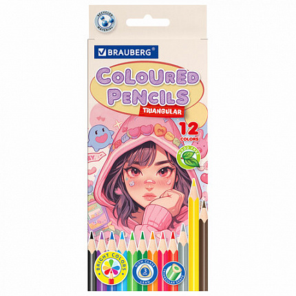 Карандаши цветные "АССОРТИ 8 ДИЗАЙНОВ 7+ лет", 12 цветов, трехгранные, BRAUBERG, 182056