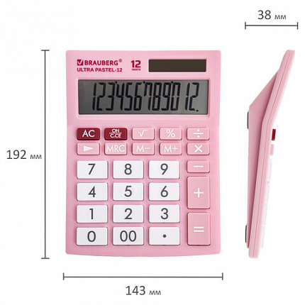 Калькулятор настольный BRAUBERG ULTRA PASTEL-12-PK (192x143 мм), 12 разрядов, двойное питание, РОЗОВЫЙ, 250503