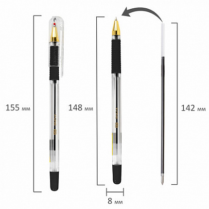 Ручка шариковая с грипом BRAUBERG "X-ONE", ЧЕРНАЯ, корпус прозрачный, узел 0,5 мм, линия письма 0,35 мм, 143988