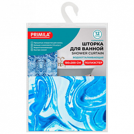 Шторка для ванной ПОЛИЭСТЕР, 180х200 см, кольца в комплекте, ГОЛУБЫЕ ВОЛНЫ, PRIMILA (ПРИМИЛА), 700083