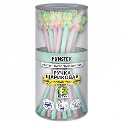Ручка с акриловым топпером шариковая FUNSTER "BEAR&BUNNY", СИНЯЯ, ассорти, пишущий узел 0,7 мм, линия письма 0,35 мм, 144372