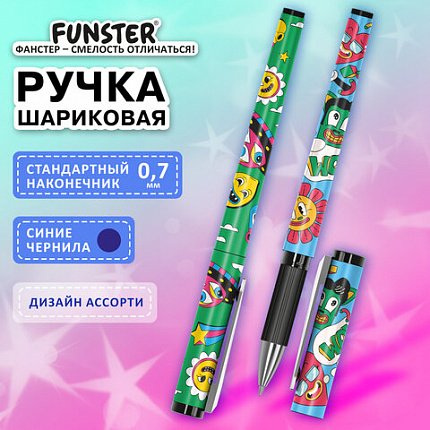 Ручка шариковая с грипом FUNSTER GRIP "ATTENTION!", СИНЯЯ, пишущий узел 0,7 мм, линия письма 0,3 мм, 144395