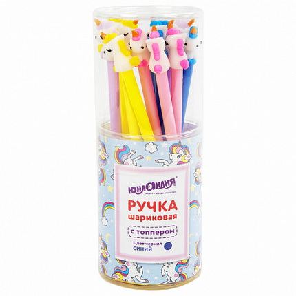 Ручка с топпером шариковая ЮНЛАНДИЯ "Единорог", корпус ассорти, СИНЯЯ, пишущий узел 0,7 мм, 143805