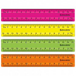 Линейки пластиковые 15 см неоновые BRAUBERG, НАБОР 4 штуки, непрозрачные, пенал, 210881