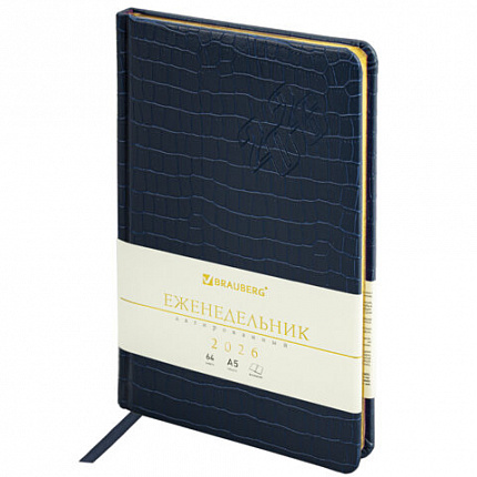 Еженедельник датированный 2026 А5 145х215 мм, BRAUBERG "Comodo", под кожу, темно-синий, 117167