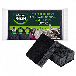 Губки для посуды 9,5х6,5 см XXL, КОМПЛЕКТ 5шт, ПЛОТНЫЙ bubble-поролон, черные, Master FRESH
