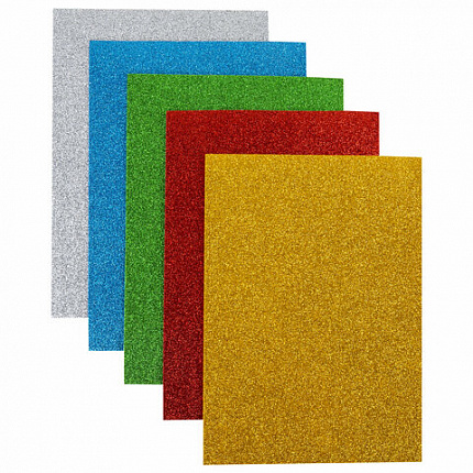 Пористая резина/фоамиран А4, 2 мм, НАБОР, 5 листов, 5 цветов, яркие цвета, блестки, самоклеящаяся, ОСТРОВ СОКРОВИЩ, 660081