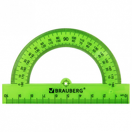 Транспортир пластиковый 10 см, 180 градусов, BRAUBERG, прозрачный, неоновый, ассорти, 210847