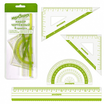 Набор чертежный ЮНЛАНДИЯ "ГЕОМЕТРИЯ" (линейка 18 см, 2 треугольника, транспортир), зеленая шкала, 210740