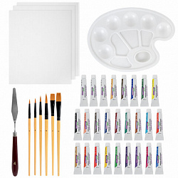 Краски акриловые художественные 26 шт. по 12 мл, холсты 3 шт., кисти 6 шт., аксессуары, 37 предметов, BRAUBERG HOBBY, 192544
