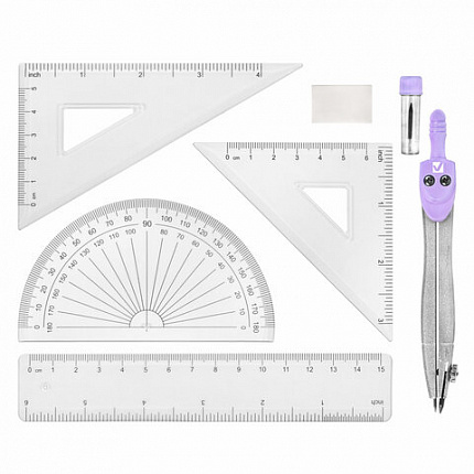 Готовальня BRAUBERG SCHOOL KIT, 8 предметов, циркуль 115 мм, чертежные принадлежности, лавандовый цвет, 210703