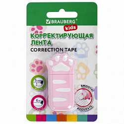 Корректирующая лента BRAUBERG KIDS "ЛАПКИ", 5 мм х 6 м, корпус розовый, блистер, 272497
