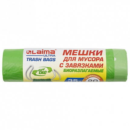 Мешки для мусора биоразлагаемые с завязками LAIMA "ULTRA" 35 л, рулон 20 шт., прочные, ПНД 15 мкм, 50х60 см, 607688