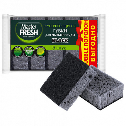 Губки для посуды 9,5х6,5 см XXL, КОМПЛЕКТ 5шт, bubble-поролон, черные, Master FRESH, ШК4042