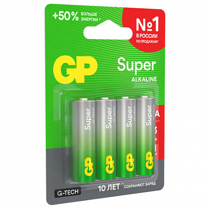 Батарейки КОМПЛЕКТ 4 шт., GP Super G-Tech, AA (LR6,15А), алкалиновые, пальчиковые, ПРОМО 3+1, 15A3/1-2CR4