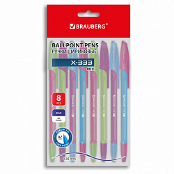 Ручки шариковые BRAUBERG "X-333 MIX", НАБОР 8 ШТУК, СИНИЕ, узел 0,7 мм, линия 0,35 мм, 144536