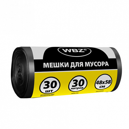 Мешки для мусора 30л черные в рулоне 30 штук, ПНД 10 мкм, 48x58см, WBZ (ВБЗ), 702651