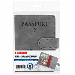 Обложка для паспорта и документов с защитой от считывания, 9 карманов, магнит, экокожа, серо-голубая, BRAUBERG, 238756