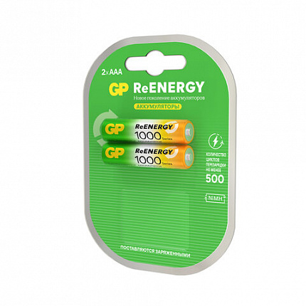 Батарейки аккумуляторные GP ReEnergy Ni-Mh мизинчиковые КОМПЛЕКТ 2 шт., ААА (HR03), 950 mAh, 100AAAHCRGY, 100AAAHCRGY-2CR
