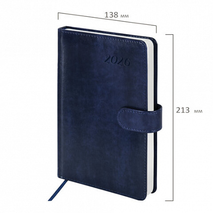 Ежедневник датированный 2026 А5 138x213 мм, BRAUBERG "Legend", под кожу, застежка, синий, 117067