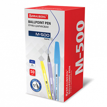 Ручка шариковая BRAUBERG "M-500 PASTEL", СИНЯЯ, корпус ассорти, узел 0,7 мм, линия письма 0,35 мм, 143450
