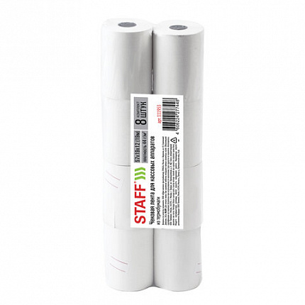 Чековая лента ТЕРМОБУМАГА 57 мм (диаметр 37-42 мм, длина 19 м, втулка 12 мм), КОМПЛЕКТ 8 шт., 44 г/м2, STAFF, 111953