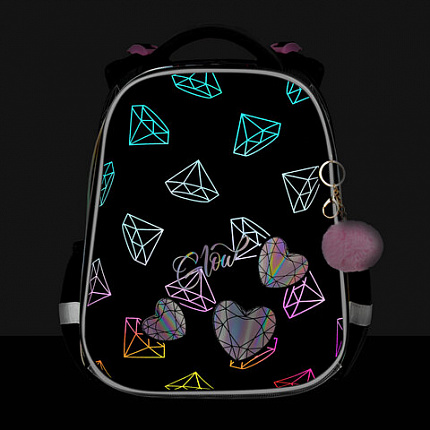 Ранец BRAUBERG LUMINOUS, 2 отделения, с брелком, "Diamonds", СВЕТЯЩИЙСЯ РИСУНОК, 38х29х16 см, 272070