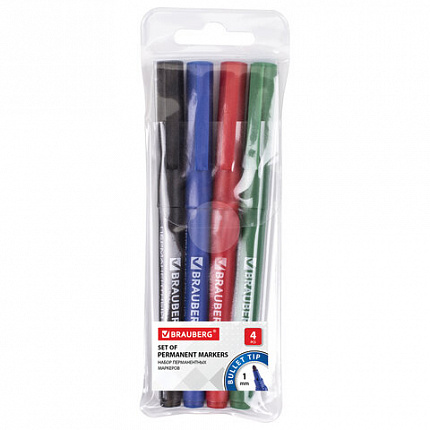 Маркеры перманентные BRAUBERG "CLASSICLine", НАБОР 4 ЦВЕТА, тонкий наконечник 1 мм, 150295