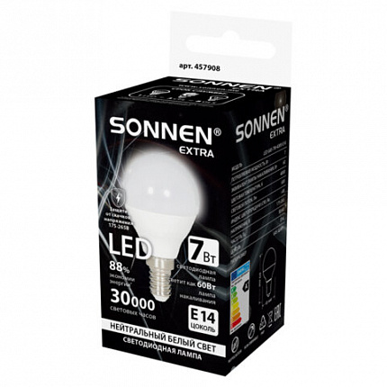 Лампа светодиодная SONNEN EXTRA, 7 (60) Вт, E14, шар, нейтральный белый, 30000 ч, LED G45-7W-4000-Е14, 457908