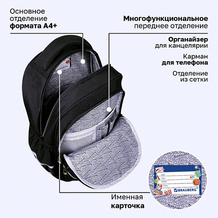 Рюкзак BRAUBERG MOTION, 2 отделения, 3 кармана, "Бунтарь", СВЕТЯЩИЙСЯ, 41х28х17 см, 271363