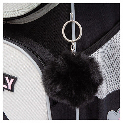 Ранец GRIZZLY анатомическая спинка, с мешком для обуви, для девочек, "BLACKY", серый, 33х25х13 см, RAm-584-1/2