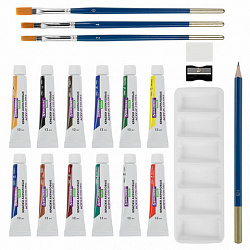 Краски акриловые художественные 12 цветов в тубах по 12 мл, кисти 3 шт., палитра, аксессуары, 19 предметов, BRAUBERG HOBBY, 192543