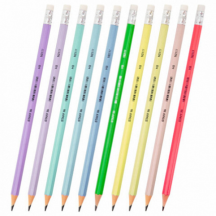 Карандаш чернографитный с ластиком STAFF EVERYDAY BLP-CLR, 1 шт., НВ, цвет корпуса ассорти, 182117