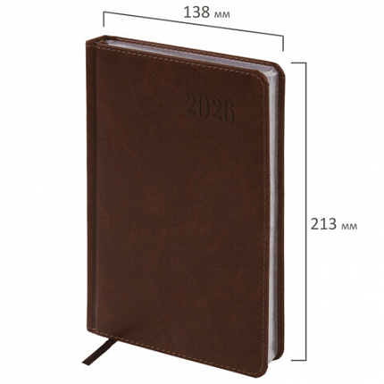 Ежедневник датированный 2026, А5, 138х213 мм, BRAUBERG "Impression", под кожу, коричневый, 117511